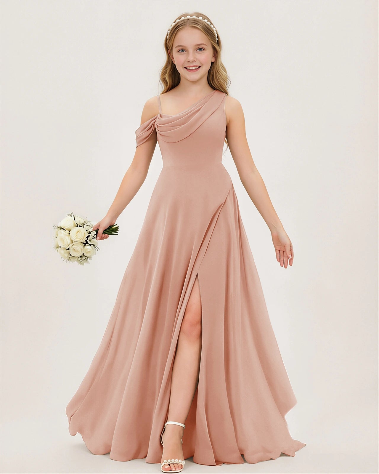 Dusty Rose Chiffon A-line Junior Bridesmaid Dress Front View