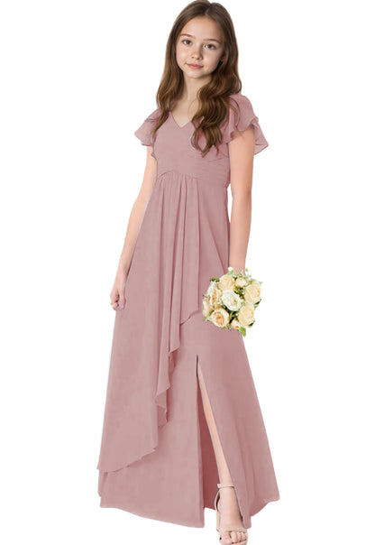 dideyttawl Chiffon Junior Bridesmaid Dresses V Neck Ruffle Sleeves Chiffon Pleated Flowy Flower Girls Dress or 4-16 2506