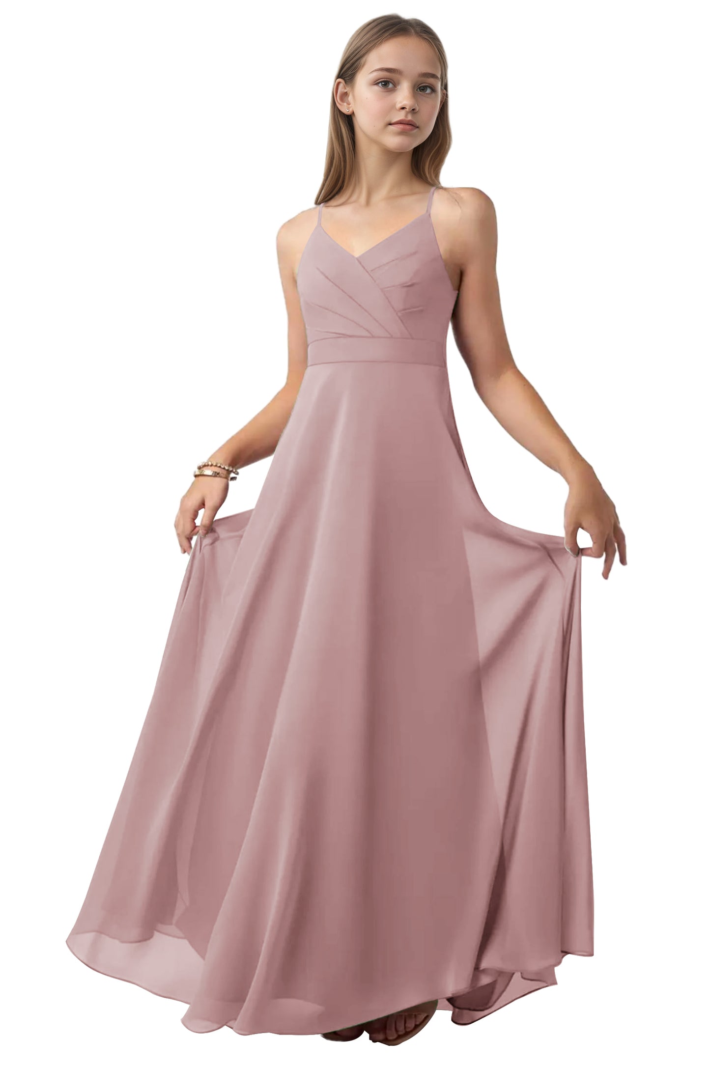 dideyttawl V-Neck Junior Bridesmaid Dress Spaghetti Straps Pleated Chiffon A-Line Flower Girl Dress 2510