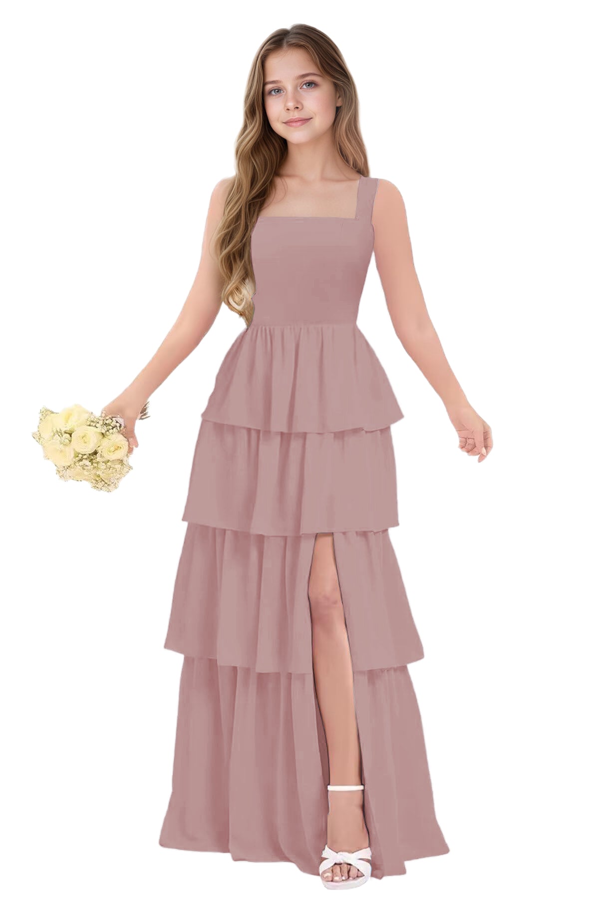dideyttawl Junior Bridesmaid Dress Spaghetti Strap Square Neck Layered Chiffon A-Line Flower Girl Dress with Slit 2509