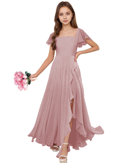 dideyttawl Junior Bridesmaid Dresses Ruffle Sleeve Square Neck Chiffon A-Line Flower Girl Dress with Slit 2508