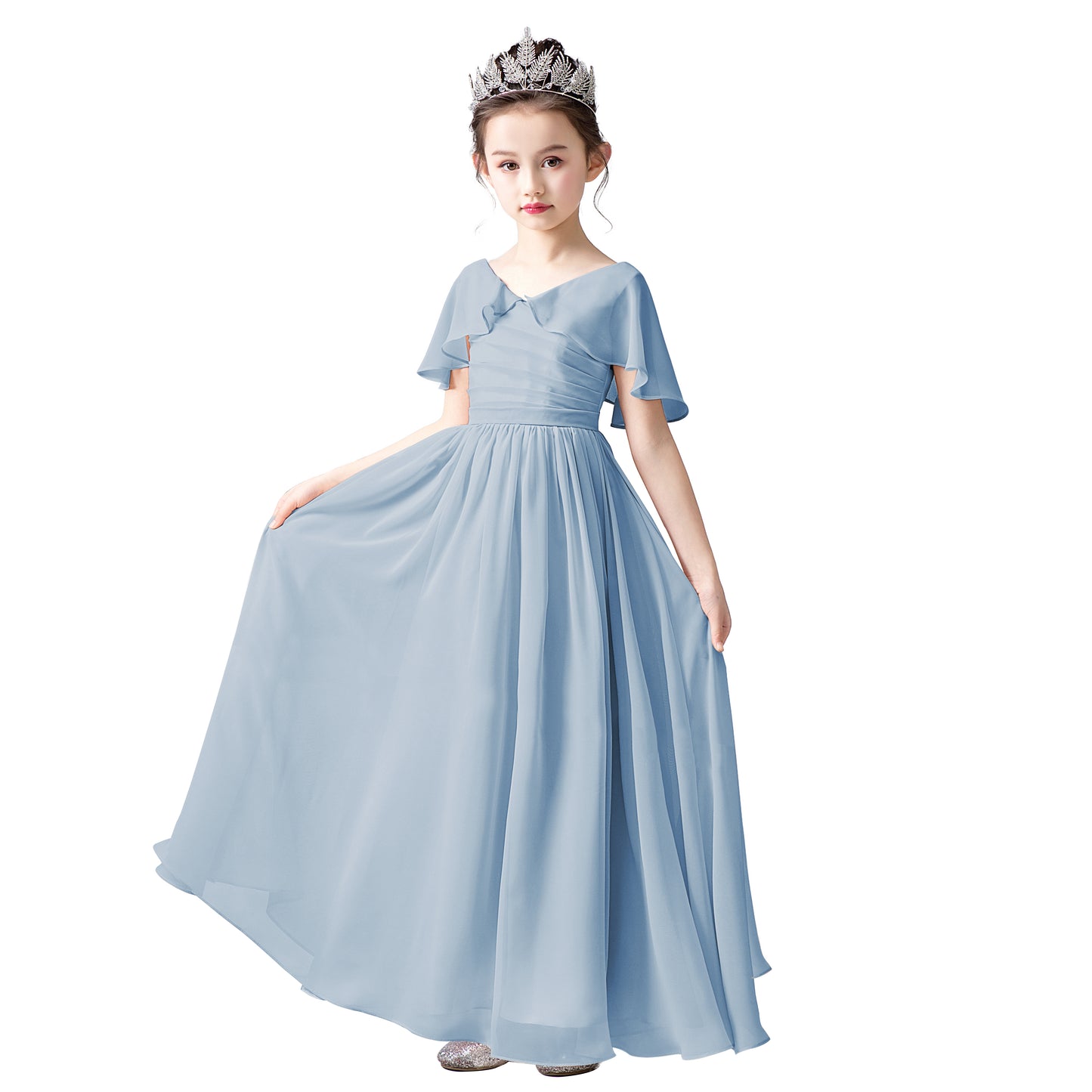 Chiffon Flower Girls Dress Cap Sleeves Junior Bridesmaid Dress for Girls 4-16 Special Occasion Dress for Wedding