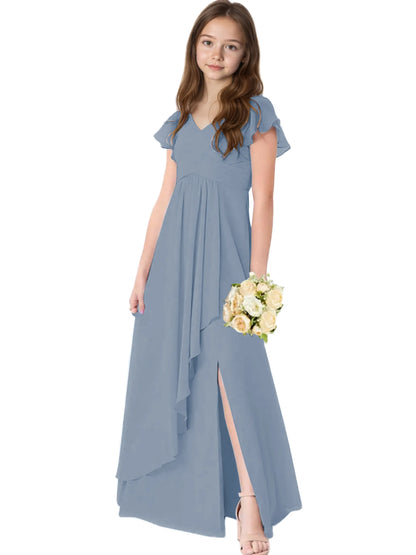 Dideyttawl Chiffon Junior Bridesmaid Dresses Ruffle Sleeves Party Gown 2506
