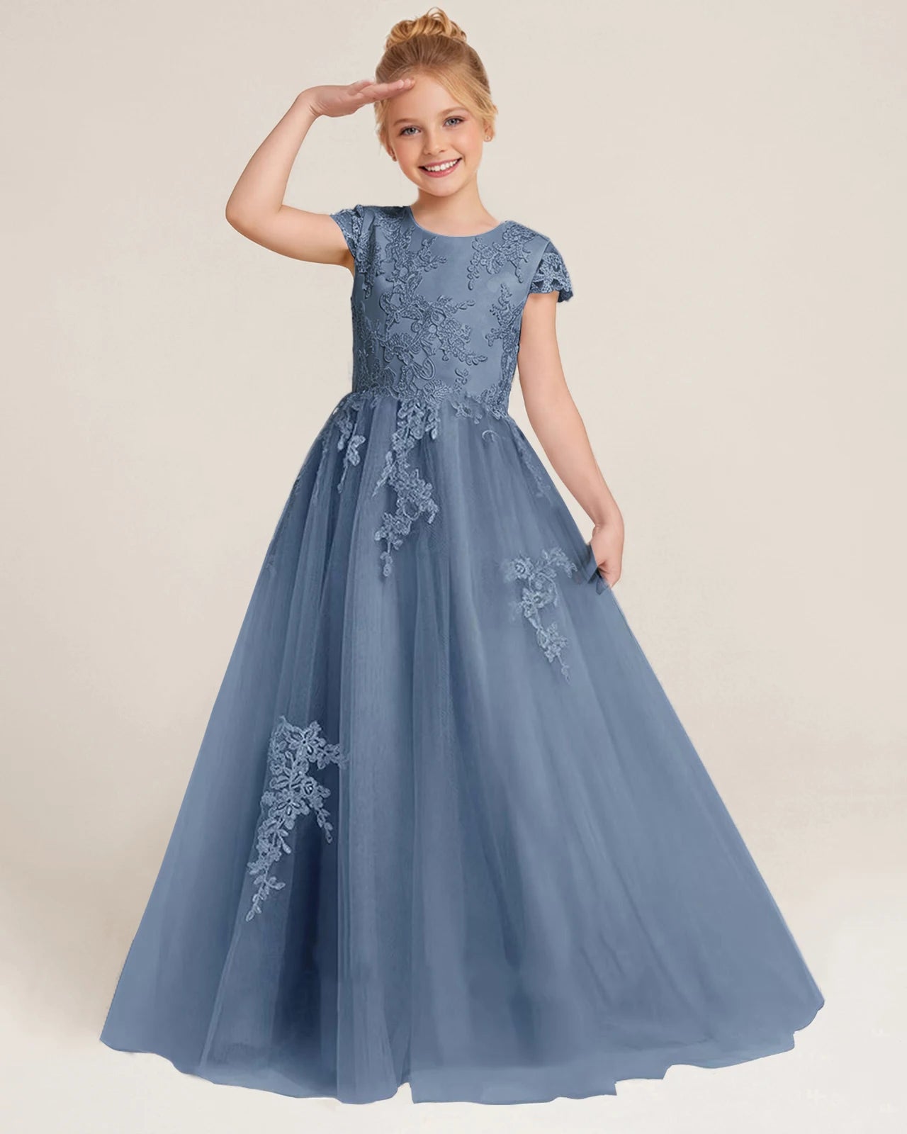 Front Dusty Blue Lace Flower Girls Dress