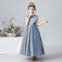 Dideyttawl Grey Flower Girl Dress Satin Sleeveless Pleated Ball Gown