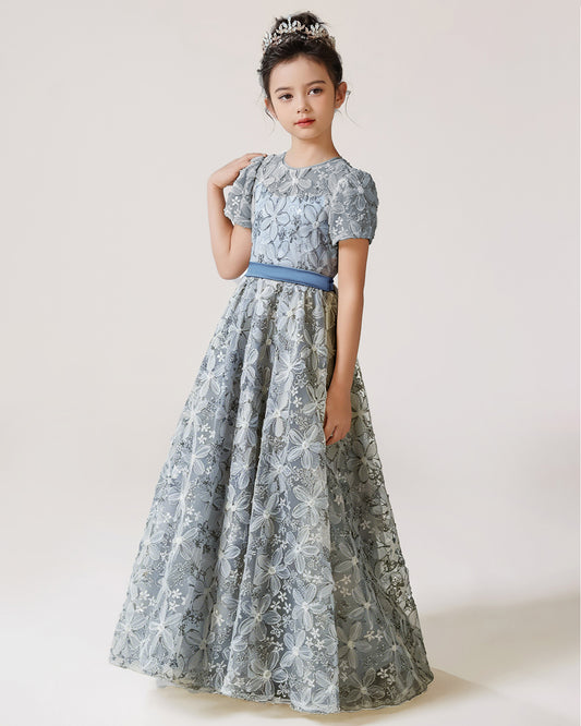 Dusty Blue Lace A-line Girls Formal Dress Front View