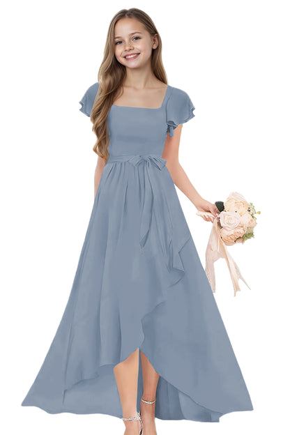 dideyttawl Long Junior Bridesmaid Dresses Ruffle Sleeve Square Neck Chiffon Flower Girl Dress for Wedding 2507