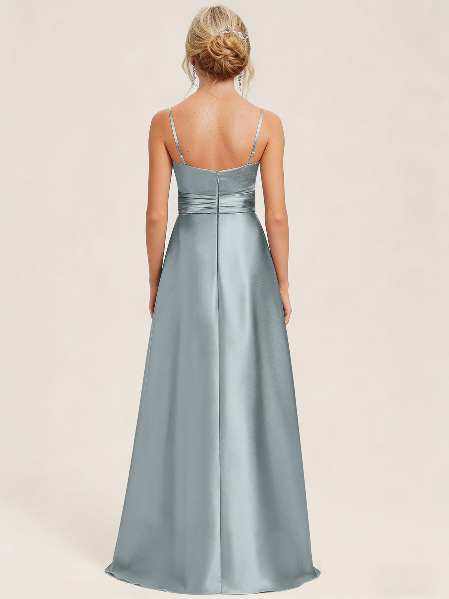 Dideyttawl Dusty Blue Junior Bridesmaid Dress Pleated Satin Maxi Dress with Bow Belt