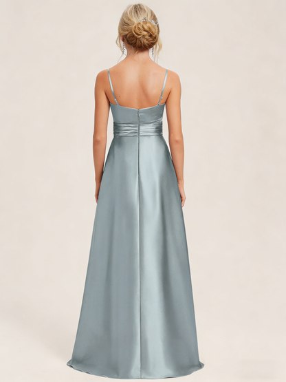 Dideyttawl Dusty Blue Junior Bridesmaid Dress Pleated Satin Maxi Dress with Bow Belt