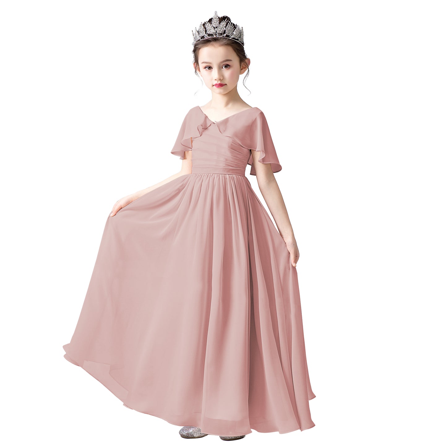 Chiffon Flower Girls Dress Cap Sleeves Junior Bridesmaid Dress for Girls 4-16 Special Occasion Dress for Wedding