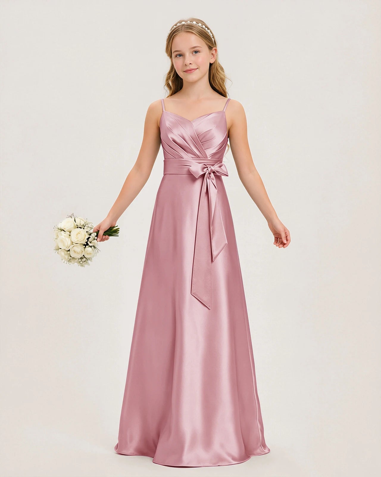 Dideyttawl Junior Bridesmaid Dress with Spaghetti Straps and Ruched Satin Side Bow, Dusty Rose / 6