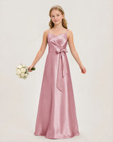 Dusty Rose Satin A-line Junior Bridesmaid Dress Front View