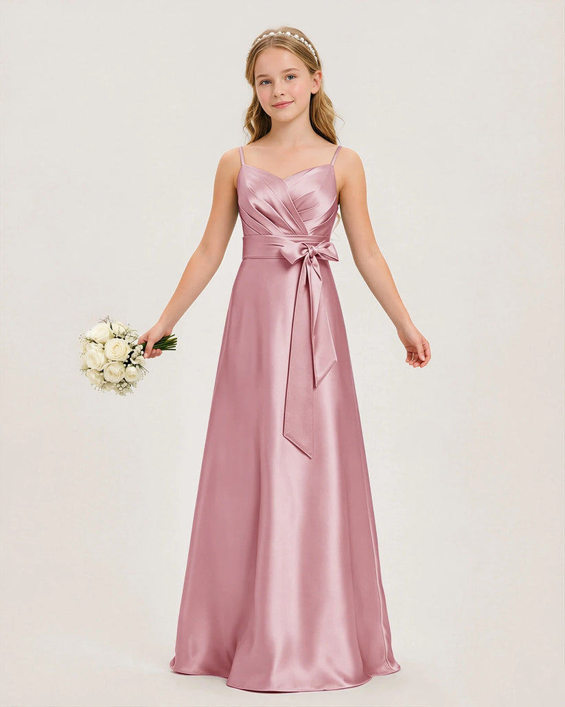 Dusty Rose Satin A-line Junior Bridesmaid Dress Front View