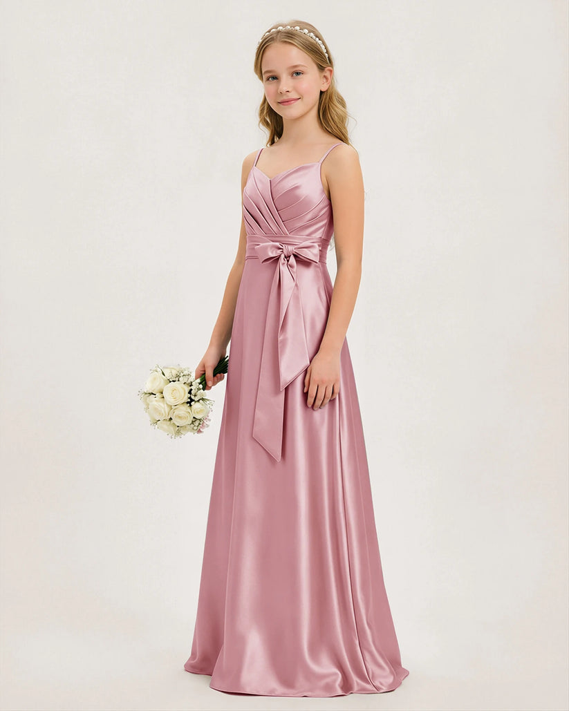 Dusty Rose Satin A-line Junior Bridesmaid Dress Front View