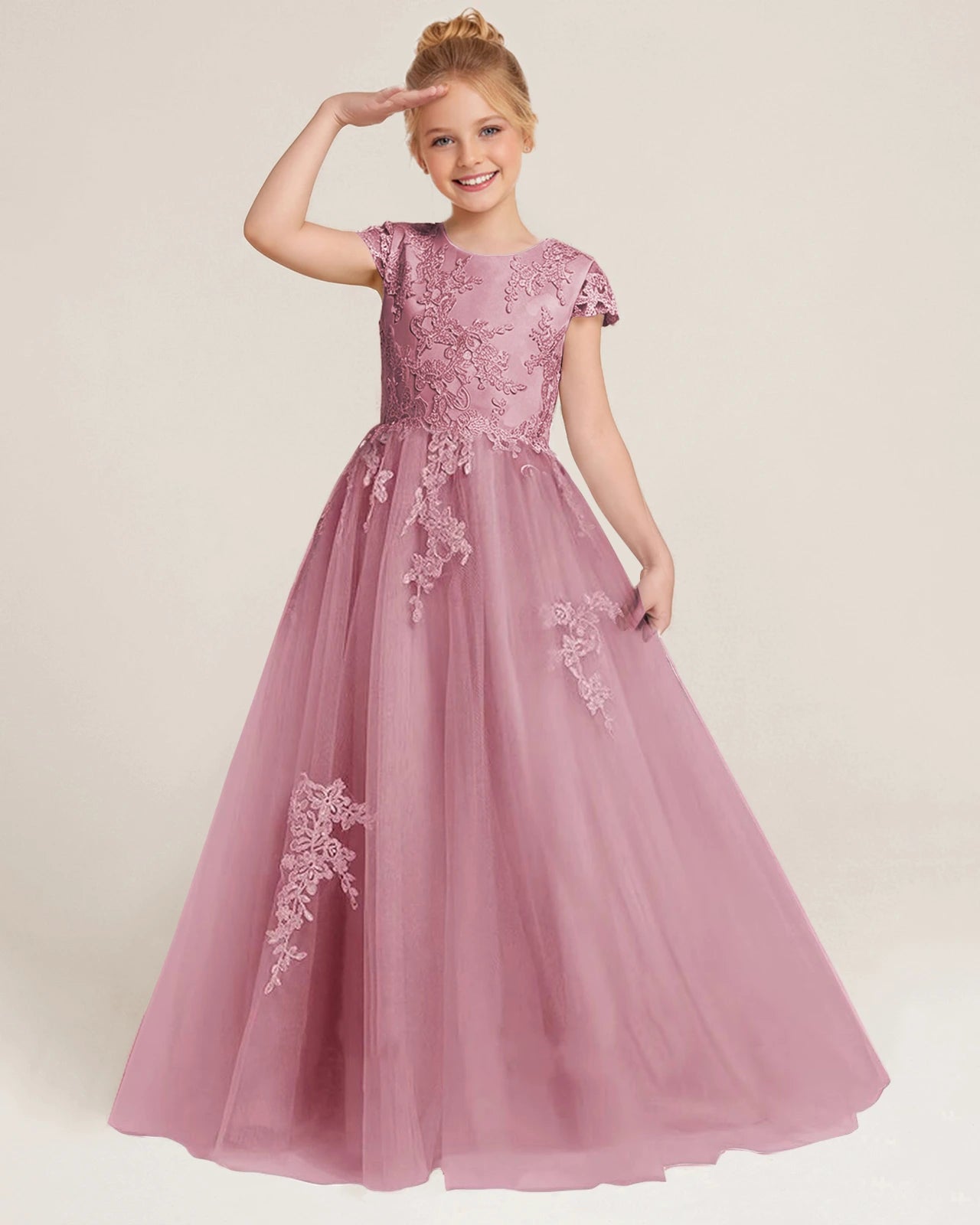 Front Dusty Pink Lace Flower Girls Dress