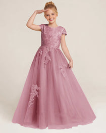 Front Dusty Pink Lace Flower Girls Dress