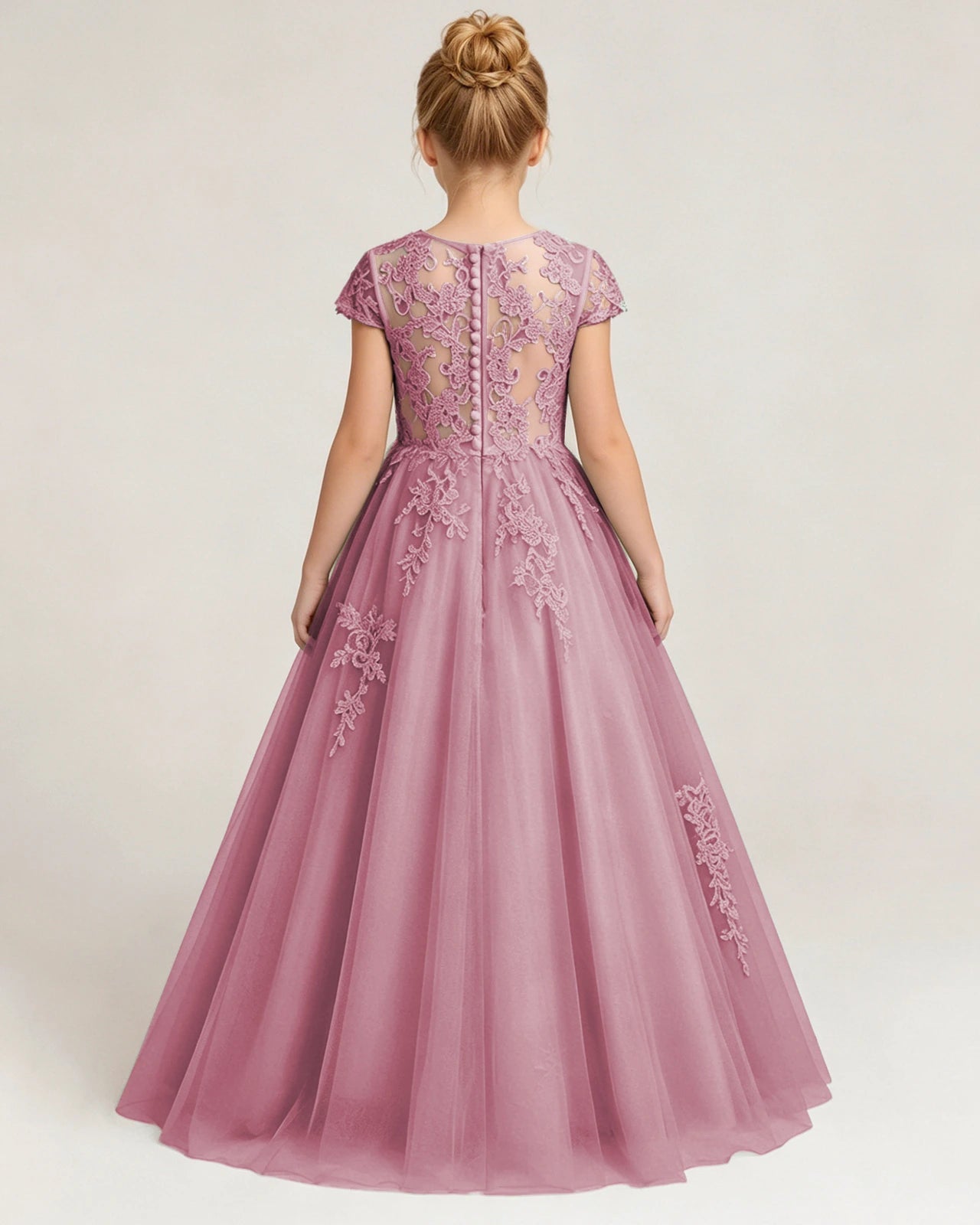 Back Dusty Pink Lace Flower Girls Dress