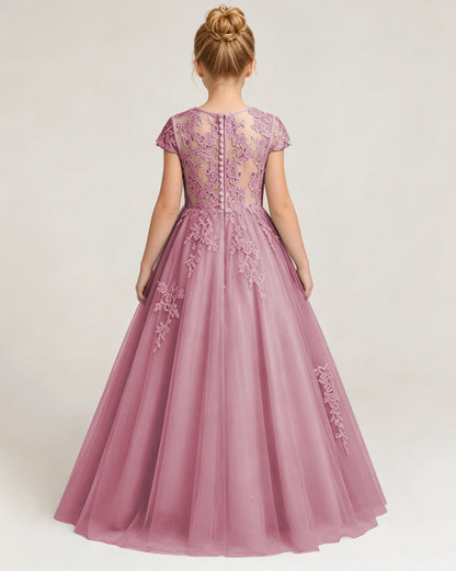 Back Dusty Pink Lace Flower Girls Dress
