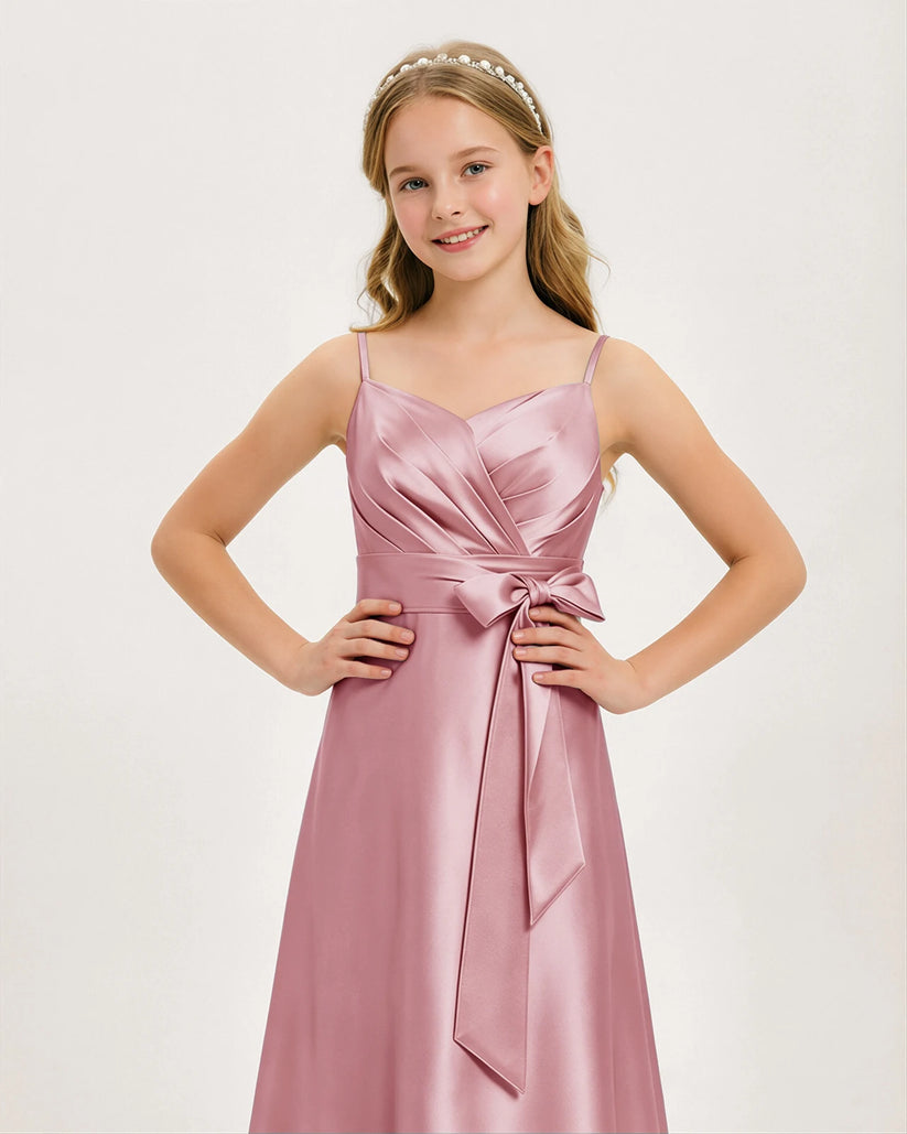 Dusty Rose Satin A-line Junior Bridesmaid Dress Front View