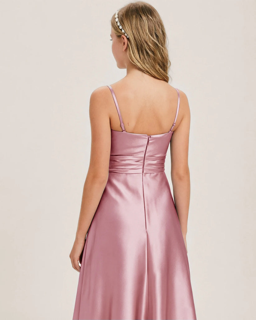 Dusty Rose Satin A-line Junior Bridesmaid Dress Back View