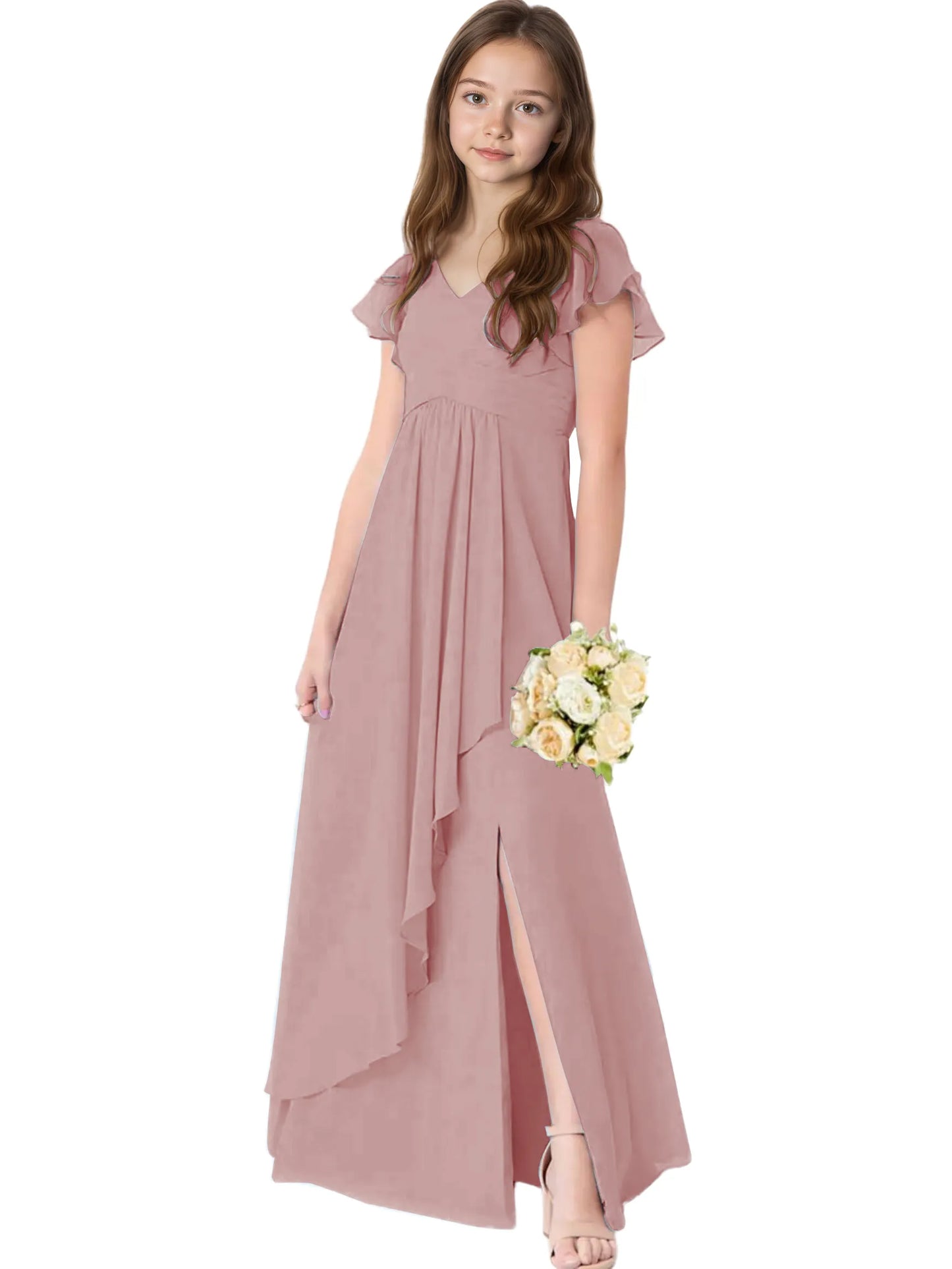 Dideyttawl Chiffon Junior Bridesmaid Dresses Ruffle Sleeves Party Gown 2506