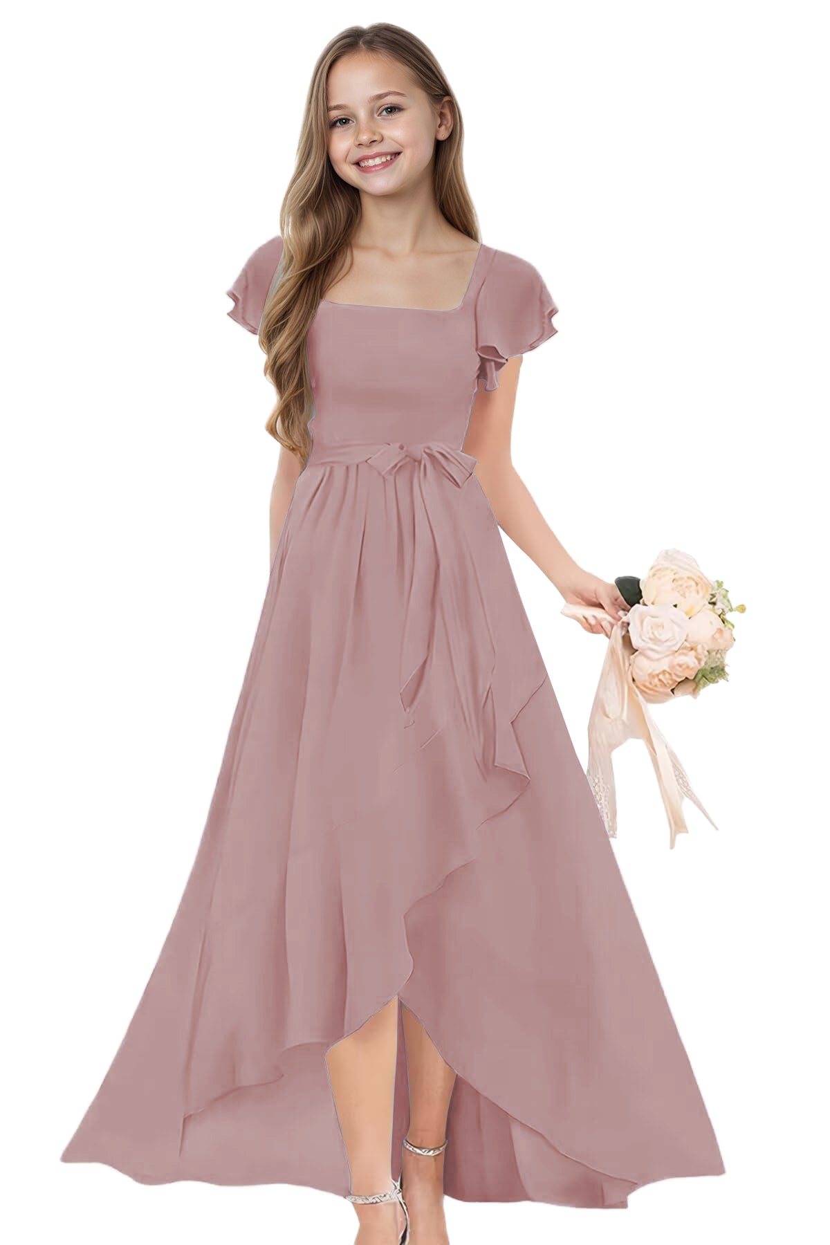 dideyttawl Long Junior Bridesmaid Dresses Ruffle Sleeve Square Neck Chiffon Flower Girl Dress for Wedding 2507