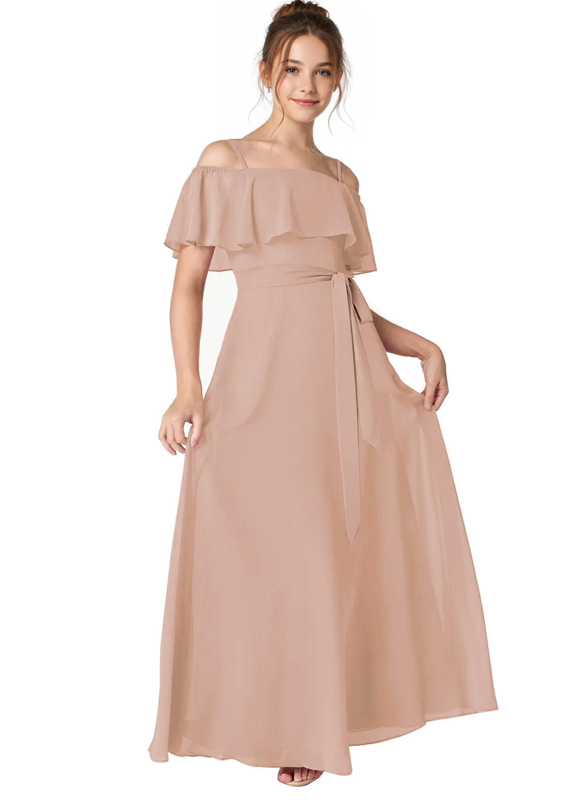 Dideyttawl Junior Bridesmaid Dress with Ruffle Off-the-Shoulder, Blush Pink / 10