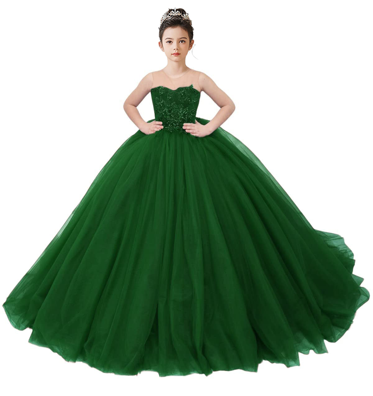 2025 Spring Embroidery Lace Appliqued Tulle Flower Girls Dress Wedding Guest Dress Puffy Princess Dress Strapless Full Length Pageant Dress