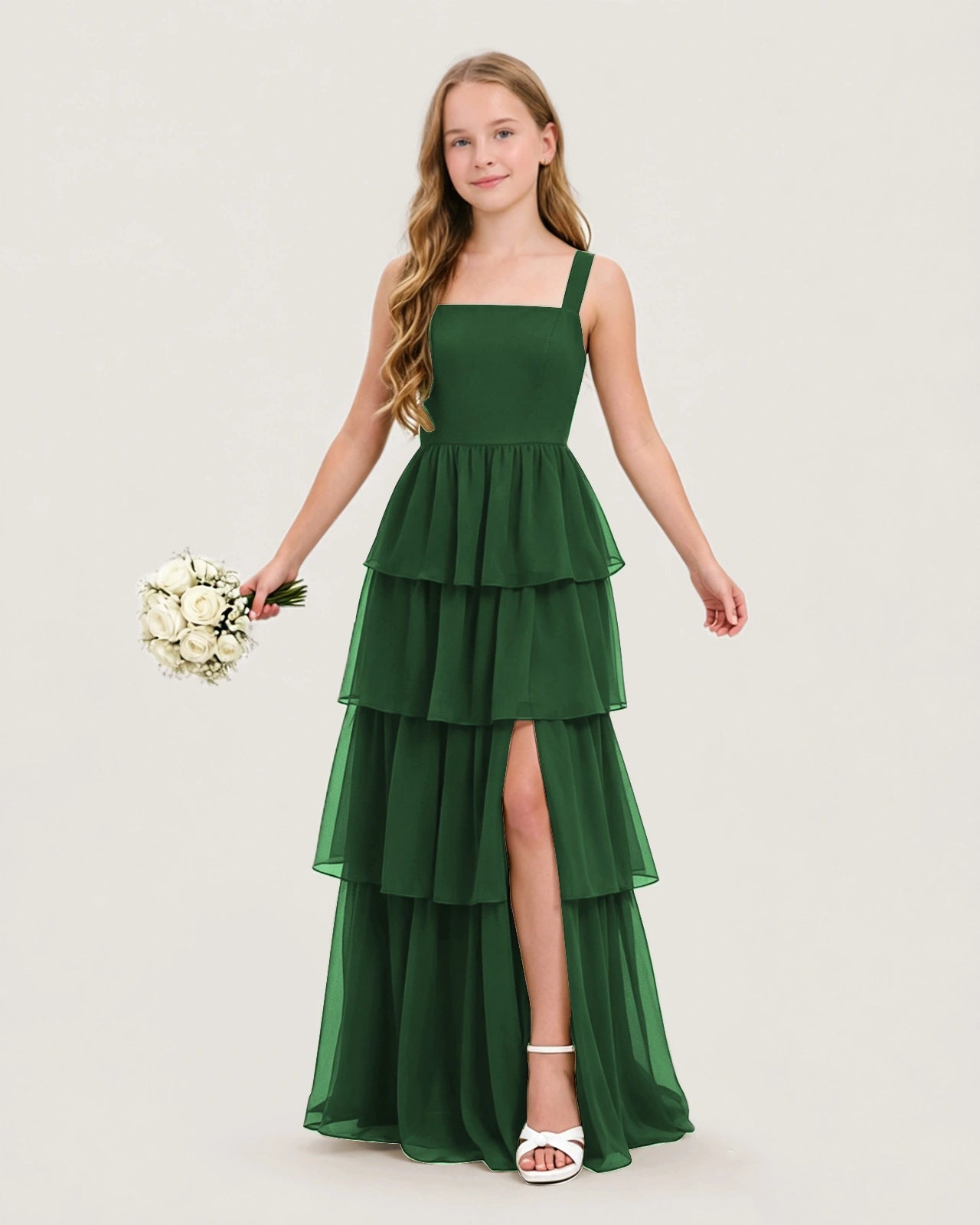 Dideyttawl Junior Bridesmaid Dress with Tiered Ruffle Skirt and Slit Chiffon Gown, Emerald Green / 8