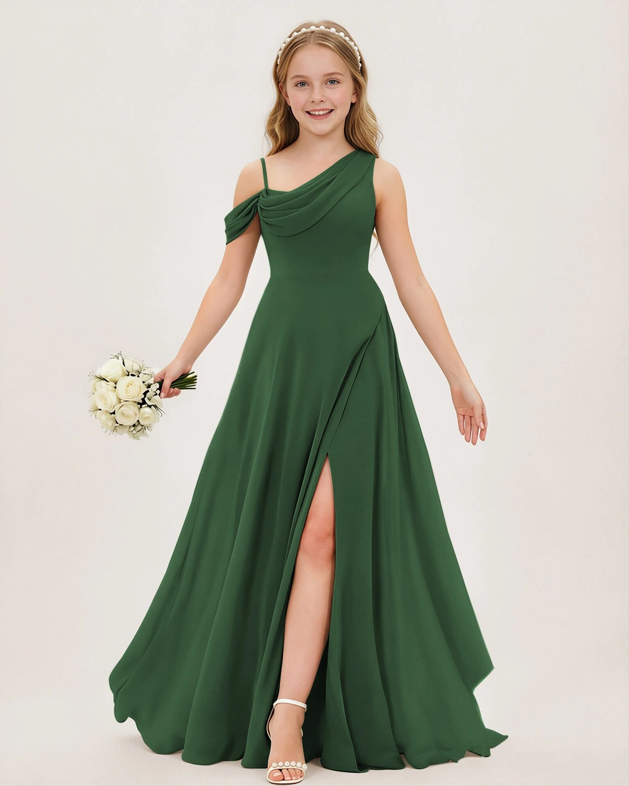 Didiyettawl Sage Green Junior Bridesmaid Dress One Shoulder Chiffon Floor Length Dress