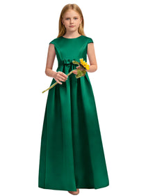 Dideyttawl White Junior Bridesmaid Dress Cap Sleeve Satin Ball Gown