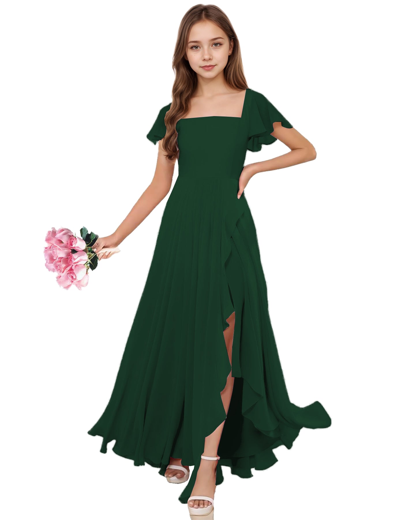 dideyttawl Junior Bridesmaid Dresses Ruffle Sleeve Square Neck Chiffon A-Line Flower Girl Dress with Slit 2508