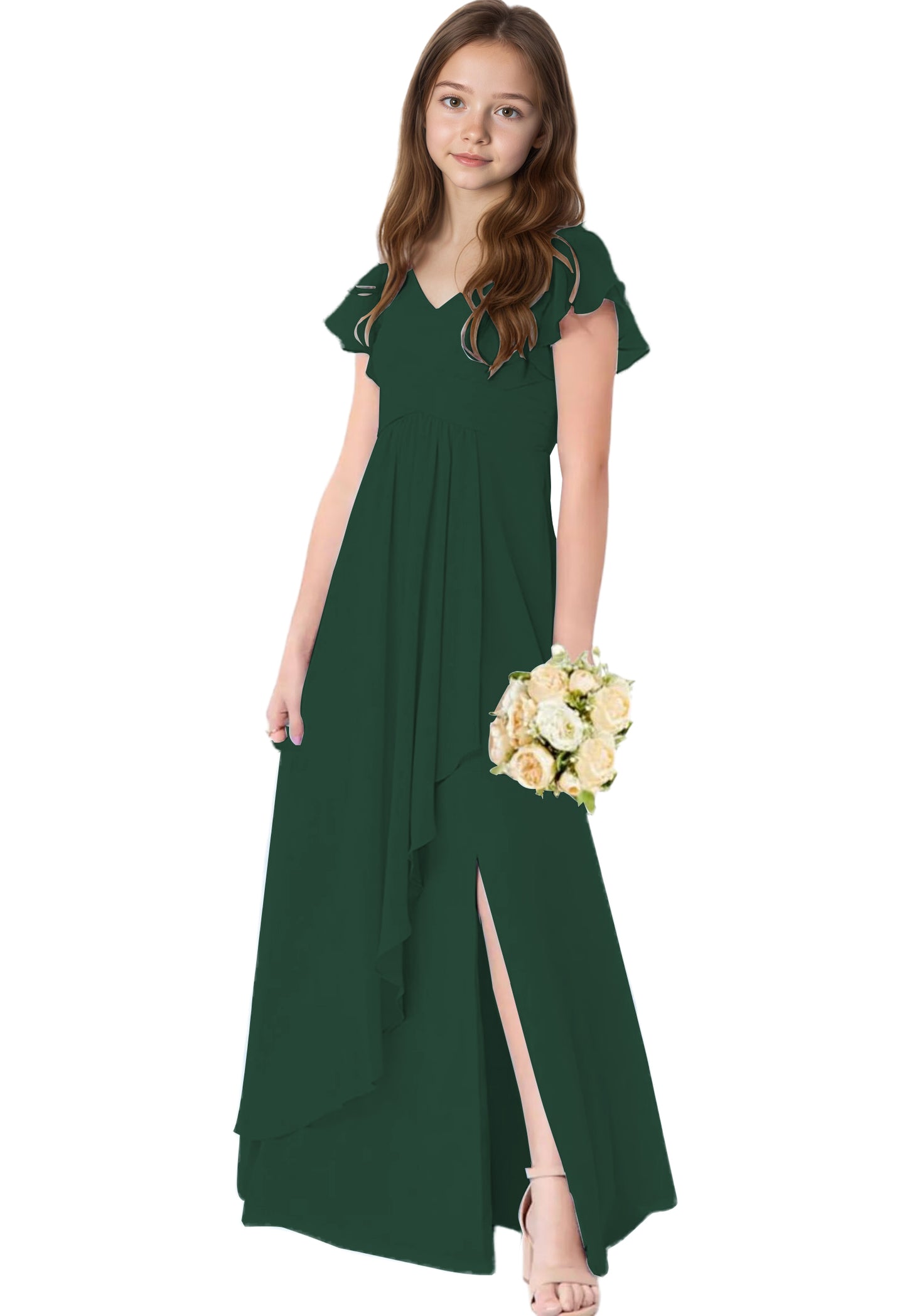 dideyttawl Chiffon Junior Bridesmaid Dresses V Neck Ruffle Sleeves Chiffon Pleated Flowy Flower Girls Dress or 4-16 2506
