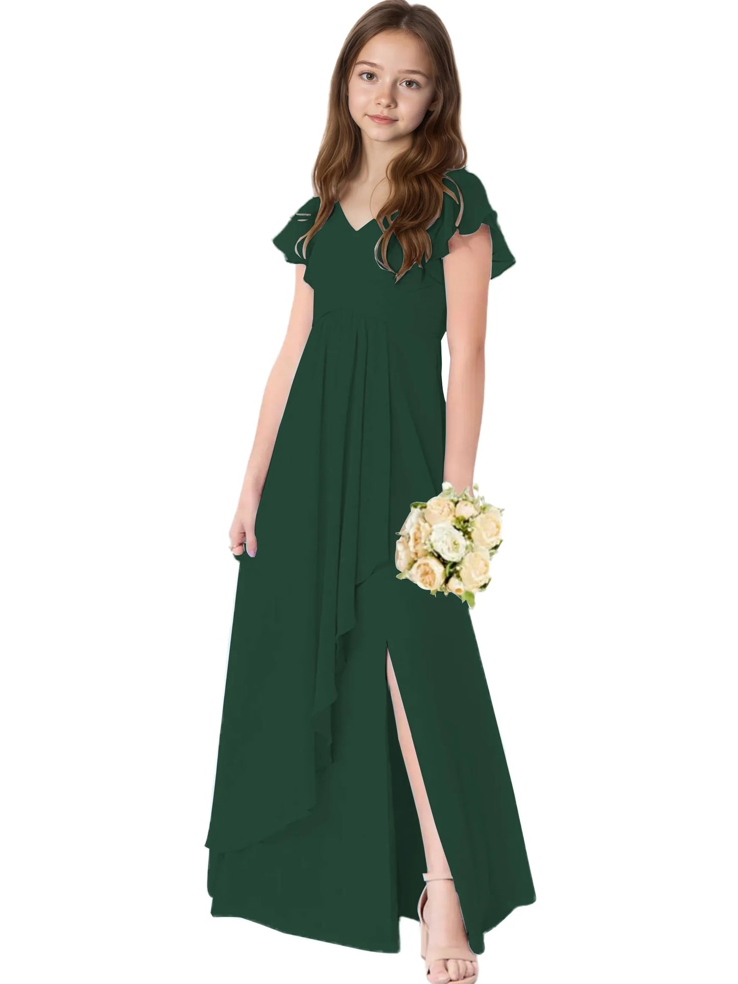 Dideyttawl Chiffon Junior Bridesmaid Dresses Ruffle Sleeves Party Gown 2506