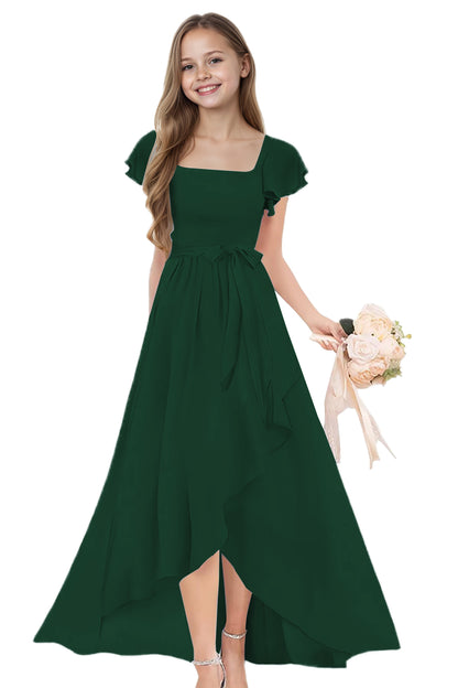 dideyttawl Long Junior Bridesmaid Dresses Ruffle Sleeve Square Neck Chiffon Flower Girl Dress for Wedding 2507