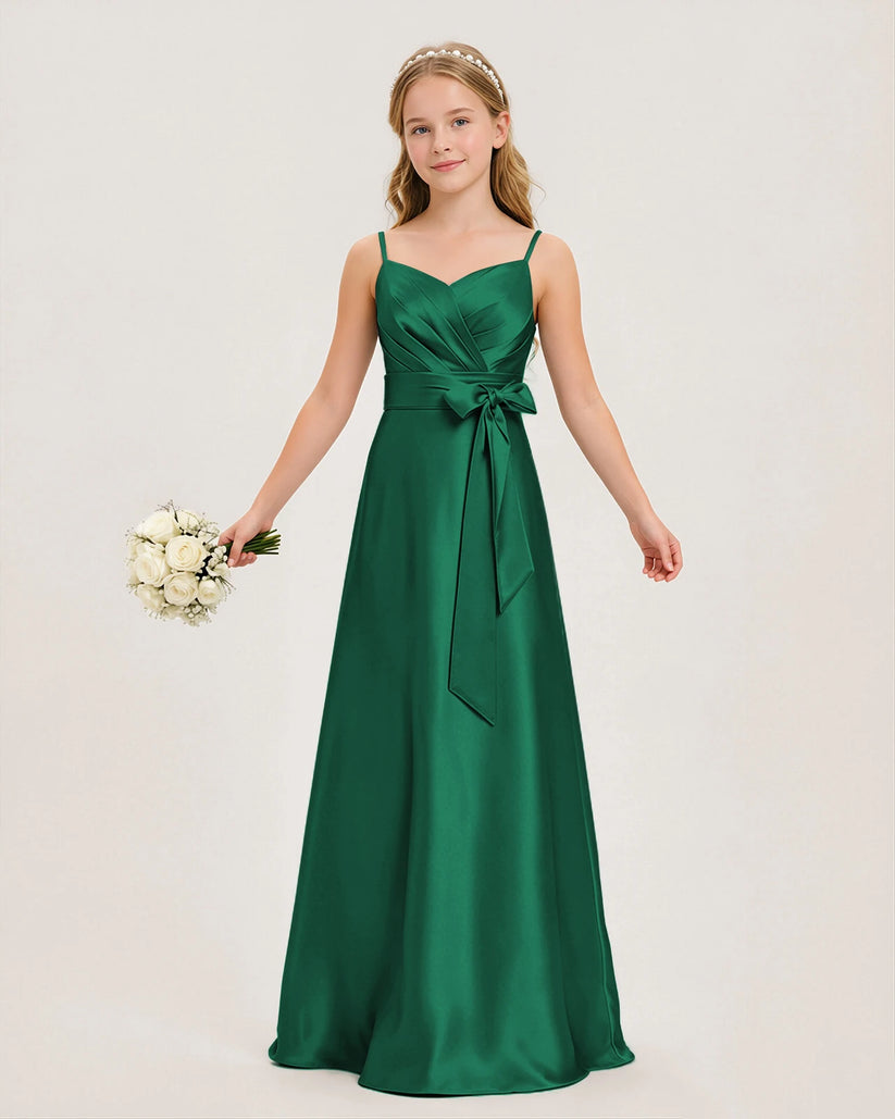 Emerald Green Satin A-line Junior Bridesmaid Dress Front View