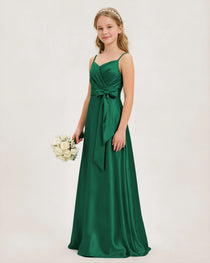 Dideyttawl Dusty Blue Junior Bridesmaid Dress Pleated Satin Maxi Dress with Bow Belt