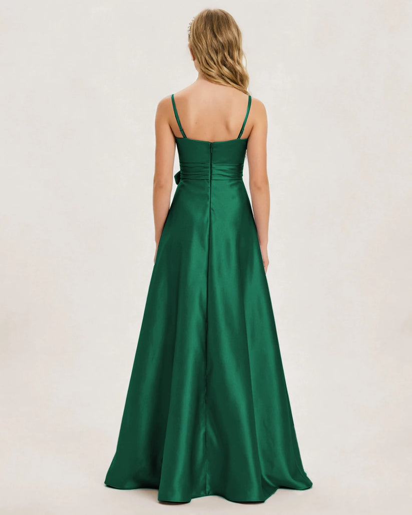 Emerald Green Satin A-line Junior Bridesmaid Dress Back View