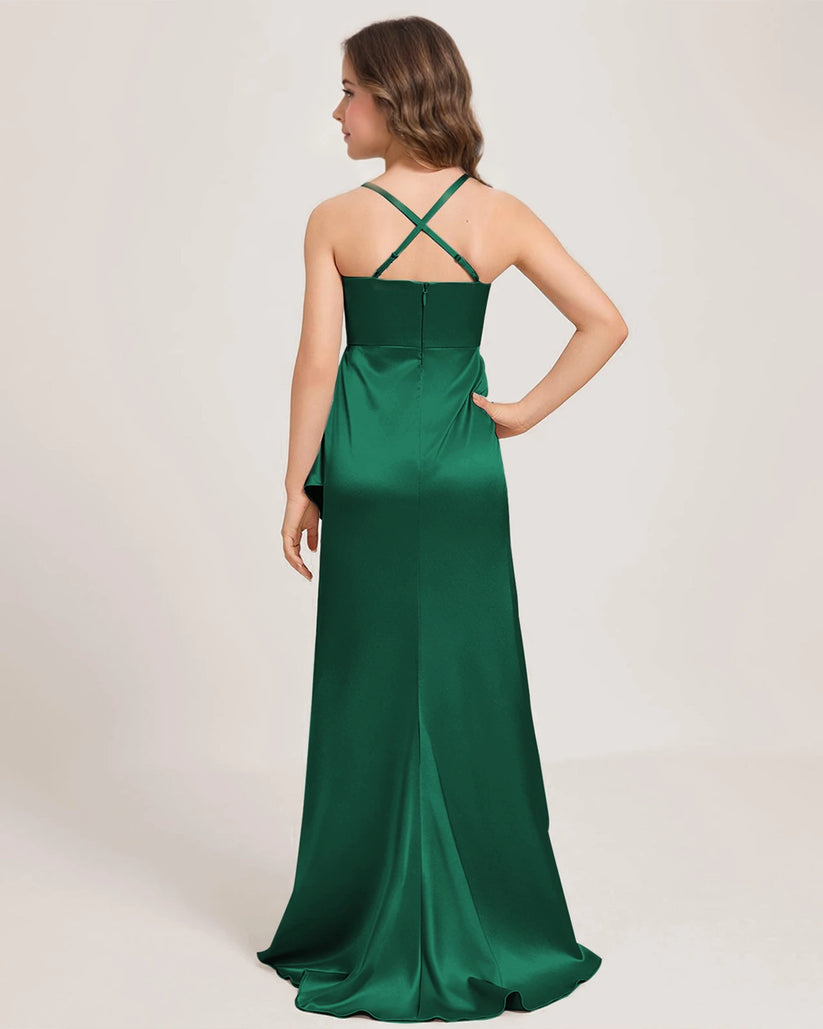 Emerald Green Satin A-line Girls Formal Dress Back View