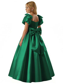 Dideyttawl White Flower Girl Dress Puff Sleeve Satin Ball Gown