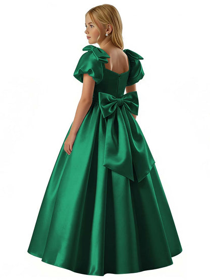 dideyttawl 2026 Satin Flower Girl Dress A Line Big Bow Long Prom Princess Ball Gown Puff Sleeves Junior Bridesmaid Dress 2773