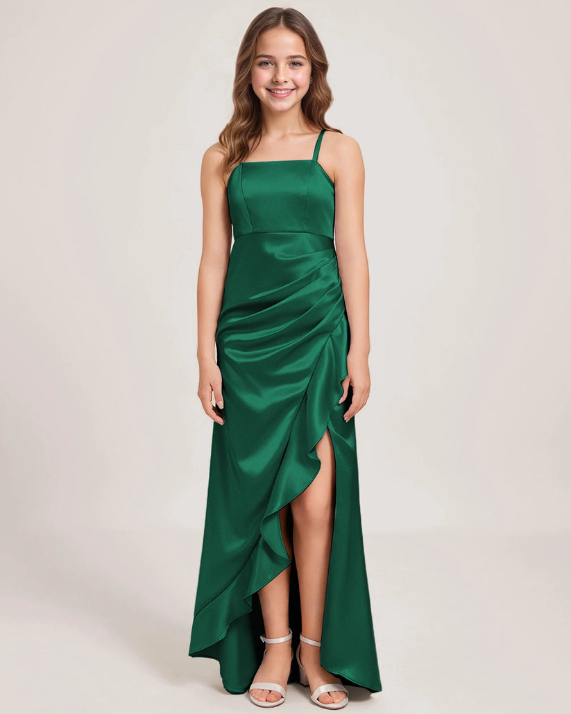 Emerald Green Satin A-line Girls Formal Dress Front View