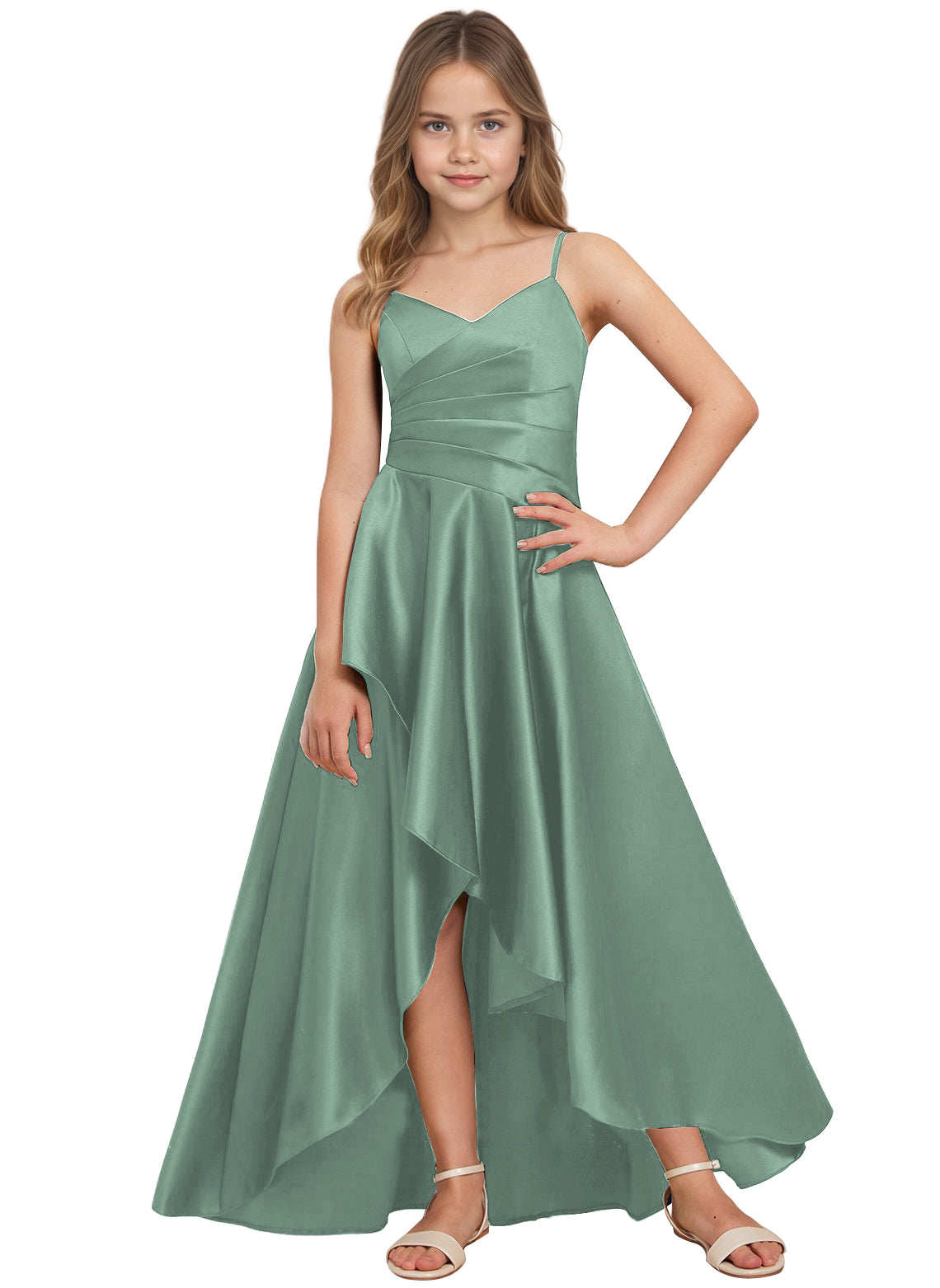 dideyttawl High Low Junior Bridesmaid Dress V-Neck Silk Satin Flower Girl Dress Sleeveless Formal Special Occasion Dress for Wedding 2523