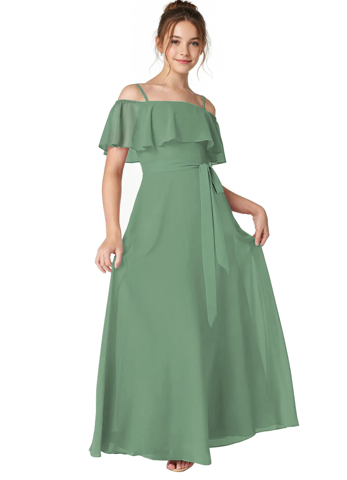 Dideyttawl Junior Bridesmaid Dress with Ruffle Off-the-Shoulder, Sage Green / 8