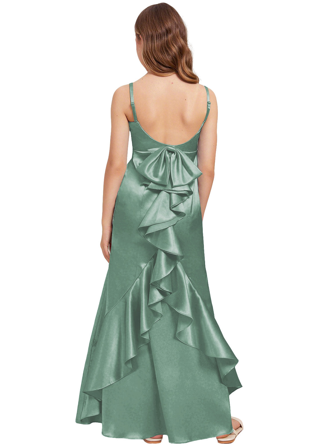 dideyttawl Mermaid Junior Bridesmaid Dress with Slit V-Neck Ruffles Bow Stretch Satin Flower Girl Dress Sleeveless Formal Special Occasion Dress for Wedding 2522