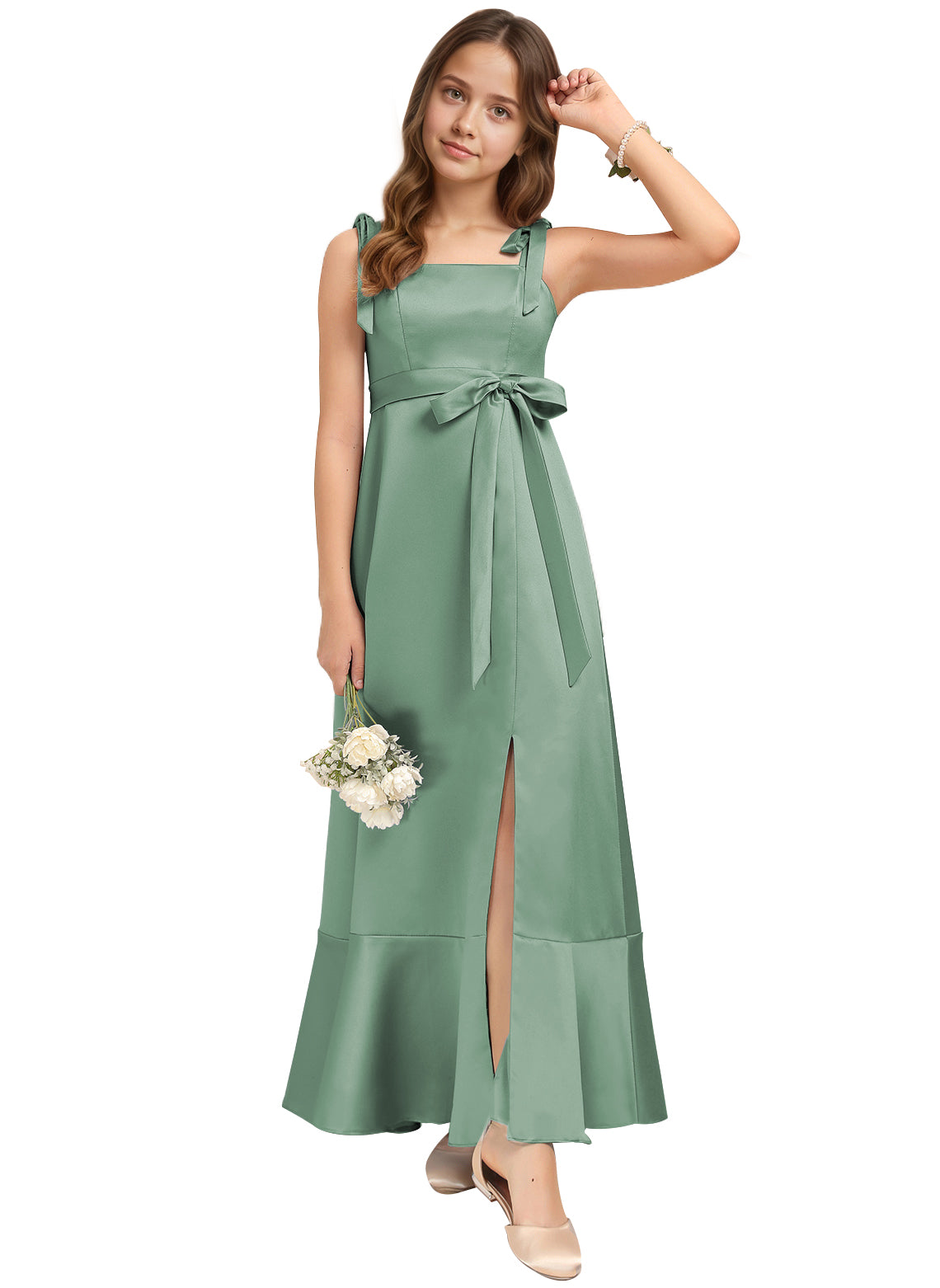 dideyttawl Junior Bridesmaid Dresses for Teens Silk Satin Adjustable Straps Flower Girl Dress with Slit 2529