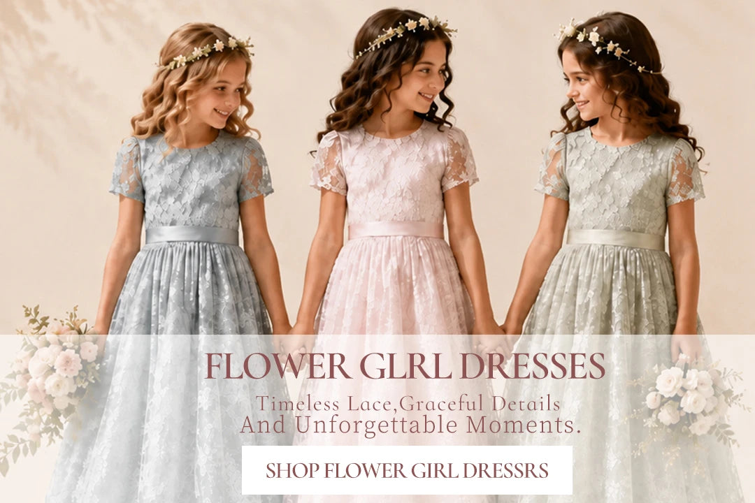 Gray Lace Flower Girl Dress Front View, Pink Lace Flower Girl Dress Front View, Sage Green Lace Flower Girl Dress Front View.