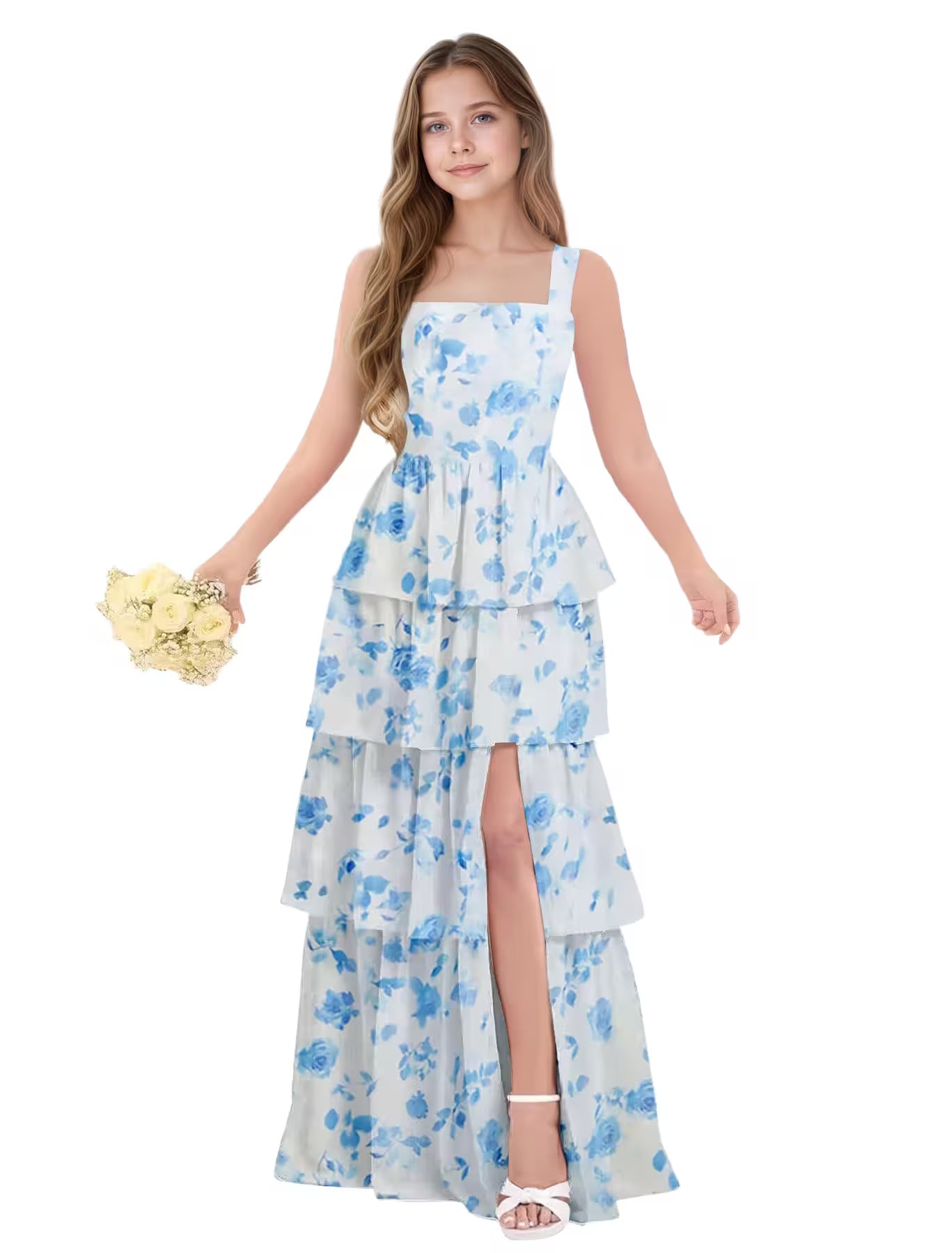 Floral Blue Junior Bridesmaid Dress for Girls
