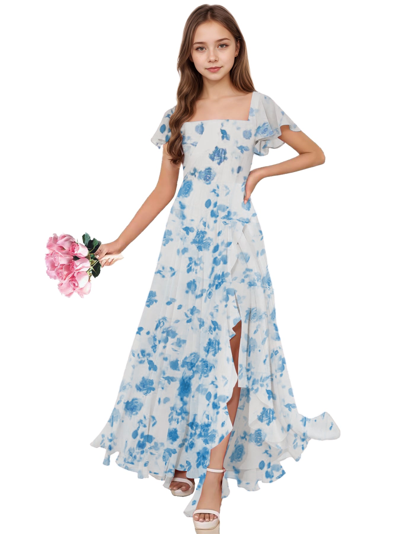 dideyttawl Junior Bridesmaid Dresses Ruffle Sleeve Square Neck Chiffon A-Line Flower Girl Dress with Slit 2508