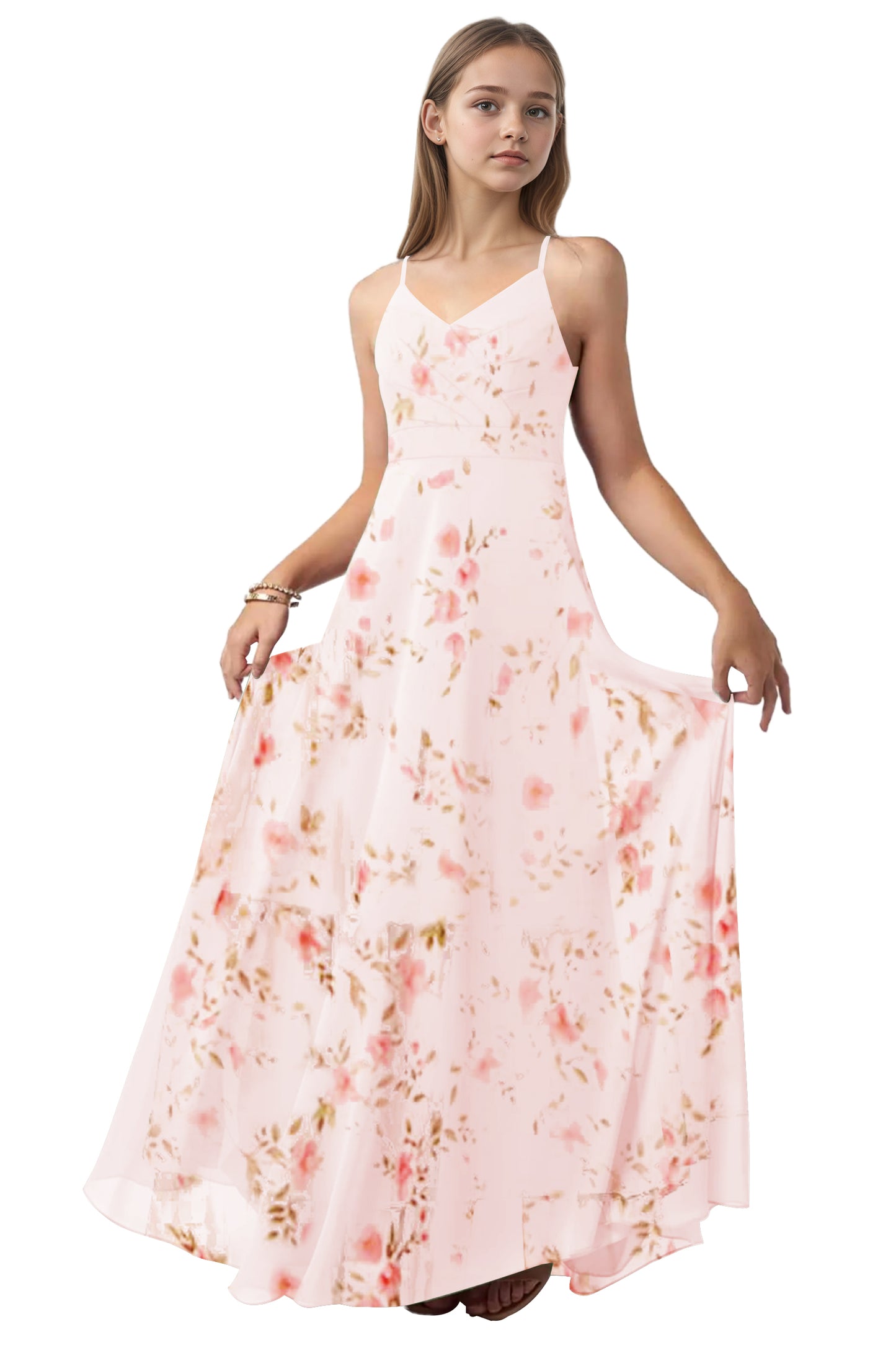 dideyttawl V-Neck Junior Bridesmaid Dress Spaghetti Straps Pleated Chiffon A-Line Flower Girl Dress 2510